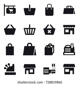 16 vector icon set : shop signboard, basket, shopping bag, delete cart, shop, cashbox, mall