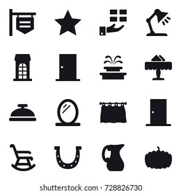 16 vector icon set : shop signboard, star, gift, table lamp, building, door, fountain, restaurant, service bell, mirror, curtain, rocking chair, horseshoe, jug, pumpkin