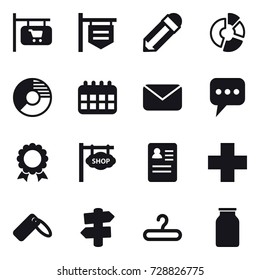 16 vector icon set : shop signboard, pencil, circle diagram, calendar, mail, message, medal, signpost, hanger