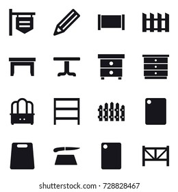 16 vector icon set : shop signboard, pencil, fence, table, nightstand, chest of drawers, dresser, rack, cutting board, farm fence