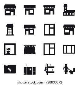 16 vector icon set : shop, mansion, building, window, flower in window, curtain, clean  window, skyscrapers cleaning, toilet cleaning