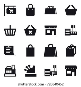 16 vector icon set : shop signboard, shopping bag, basket, delete cart, shop, store, shopping list, cashbox, mall