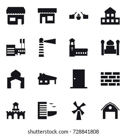 16 vector icon set : shop, drawbridge, cottage, mall, lighthouse, church, minaret, house with garage, door, brick wall, fort, hotel, windmill, barn