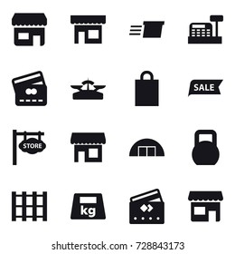 16 vector icon set : shop, delivery, cashbox, credit card, scales, shopping bag, sale, store signboard, hangare