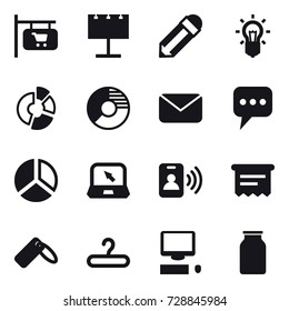 16 vector icon set : shop signboard, billboard, pencil, bulb, circle diagram, mail, message, diagram, notebook, pass card, atm receipt, hanger