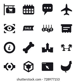 16 vector icon set : shop signboard, calendar, message, plane, eye identity, sale, atm receipt, info, castle, palm hammock, chicken