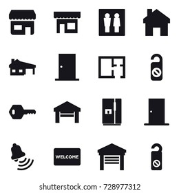 16 vector icon set : shop, wc, home, house with garage, door, plan, do not distrub, key, garage, fridge, bell, welcome mat
