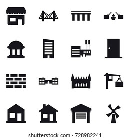 16 vector icon set : shop, bridge, drawbridge, goverment house, skyscraper, mall, door, brick wall, school, gothic architecture, home, garage, windmill