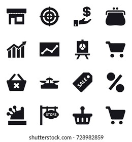 16 vector icon set : shop, target, investment, purse, diagram, statistic, presentation, cart, delete cart, scales, sale label, percent, cashbox, store signboard