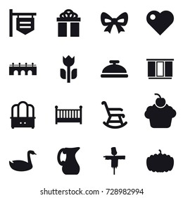 16 vector icon set : shop signboard, gift, bow, heart, bridge, service bell, wardrobe, dresser, crib, rocking chair, goose, jug, scarecrow, pumpkin