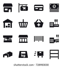 16 vector icon set : shop, shop signboard, card, money, warehouse, basket, add to basket, store, market scales, market, barcode, mall, rack