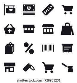 16 vector icon set : shop signboard, money, sale, cart, add to basket, market, shopping bag, percent, barcode, atm receipt, shop, turk