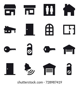 16 vector icon set : shop, wc, home, house with garage, door, arch window, plan, key, do not distrub, garage, bell