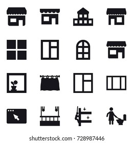 16 vector icon set : shop, cottage, window, arch window, flower in window, curtain, skyscapers cleaning, skyscrapers cleaning, toilet cleaning