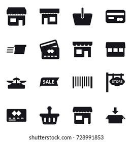 16 vector icon set : shop, basket, card, delivery, credit card, market, scales, sale, barcode, store signboard, package
