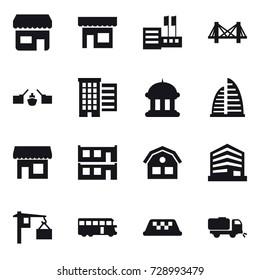 16 vector icon set : shop, store, bridge, drawbridge, houses, goverment house, skyscraper, modular house, house, bus, taxi, sweeper