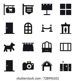 16 vector icon set : shop signboard, billboard, window, door, arch window, vip fence, detector, dog, curtain, dresser, barn, clean  window