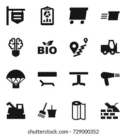 16 vector icon set : shop signboard, report, delivery, bulb brain, bio, lounger, table, hair dryer, harvester, bucket and broom, paper towel, construct garbage
