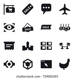 16 vector icon set : shop signboard, sale, message, plane, eye identity, atm receipt, castle, panel house, palm hammock, chicken
