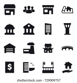 16 vector icon set : shop, group, project, goverment house, library, skyscraper, airport tower, garage, factory, japanese house, bridge, hotel, skyscapers cleaning, housing