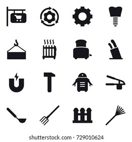 16 vector icon set : shop signboard, around gear, gear, radiator, toaster, stands for knives, garlic clasp, ladle, fork, grain elevator, rake