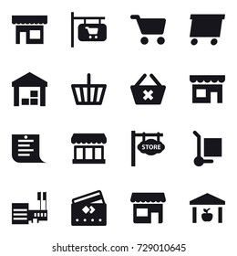 16 vector icon set : shop, shop signboard, cart, delivery, warehouse, basket, delete cart, shopping list, market, store signboard, cargo stoller, mall, credit card