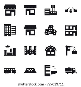 16 vector icon set : shop, store, drawbridge, houses, modern architecture, modular house, city, palace, house, bus, taxi, hotel, sweeper