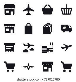 16 vector icon set : shop, plane, basket, shopping bag, delivery, atm receipt, journey, mall, cart