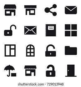 16 vector icon set : shop, share, mail, unlock, copybook, window, arch window, unlocked, door