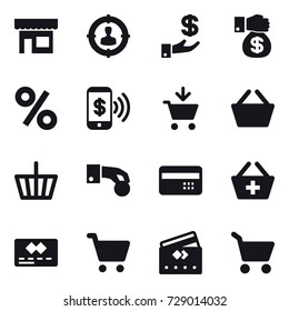 16 vector icon set : shop, target audience, investment, money gift, percent, phone pay, add to cart, basket, hand coin, credit card, add to basket, cart