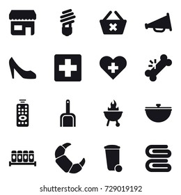 16 vector icon set : shop, bulb, delete cart, loudspeaker, shoes, remote control, scoop, bbq, cauldron, trash bin, stack of towels