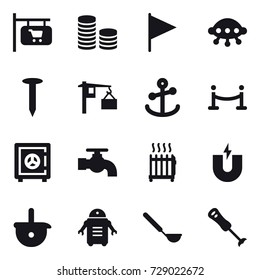 16 vector icon set : shop signboard, coin stack, flag, ufo, nail, vip fence, safe, water tap, radiator, ladle