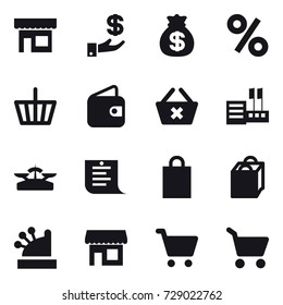 16 vector icon set : shop, investment, money bag, percent, basket, wallet, delete cart, store, scales, shopping list, shopping bag, cashbox, cart