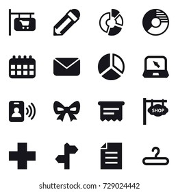 16 vector icon set : shop signboard, pencil, circle diagram, calendar, mail, diagram, notebook, pass card, bow, atm receipt, hanger