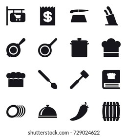 16 vector icon set : shop signboard, receipt, cutting board, stands for knives, pan, cook hat, chef  hat, big spoon, meat hammer, hot pepper, barrel