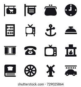 16 vector icon set : shop signboard, purse, clock, abacus, tv, service bell, wardrobe, phone, fireplace, wheel, windmill, car wash