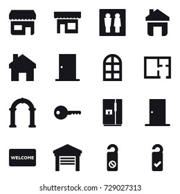16 vector icon set : shop, wc, home, door, arch window, plan, arch, key, fridge, welcome mat, garage, do not distrub, please clean