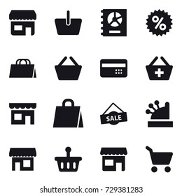 16 vector icon set : shop, basket, annual report, percent, shopping bag, credit card, add to basket, sale, cashbox, cart