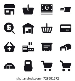 16 vector icon set : shop, basket, money, delivery, dollar arrow, warehouse, credit card, add to basket, store, atm receipt, hangare, cart