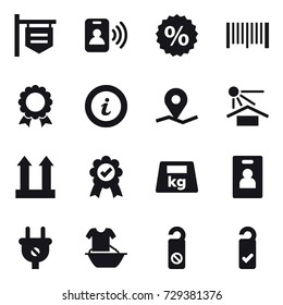 16 vector icon set : shop signboard, pass card, percent, barcode, medal, info, identity card, handle washing, do not distrub, please clean