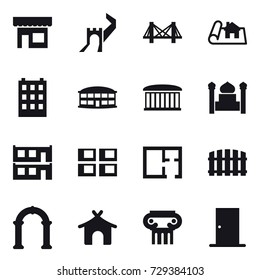 16 vector icon set : shop, greate wall, bridge, project, building, airport building, minaret, modular house, panel house, plan, fence, arch, bungalow, antique column, door