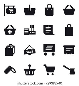 16 vector icon set : shop signboard, basket, shopping bag, add to basket, store, shopping list, sale, delivery, atm receipt, turk
