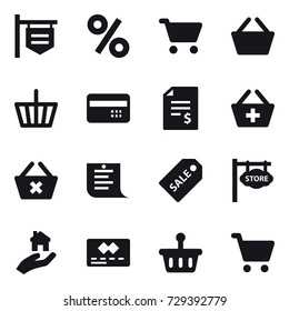 16 vector icon set : shop signboard, percent, cart, basket, credit card, account balance, add to basket, delete cart, shopping list, sale label, store signboard, real estate