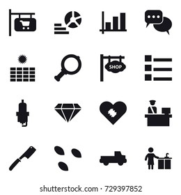 16 vector icon set : shop signboard, diagram, graph, discussion, sun power, magnifier, list, spark plug, diamond, chef knife, seeds, pickup, kitchen cleaning