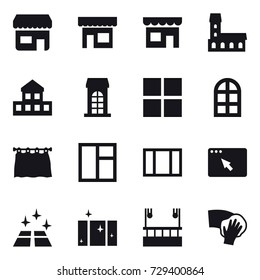 16 vector icon set : shop, mansion, cottage, building, window, arch window, curtain, clean floor, clean  window, skyscapers cleaning, wiping