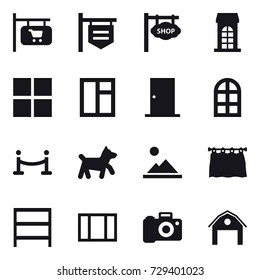 16 vector icon set : shop signboard, building, window, door, arch window, vip fence, dog, landscape, curtain, rack, barn