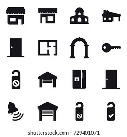 16 vector icon set : shop, mansion, house with garage, door, plan, arch, key, do not distrub, garage, fridge, bell, please clean