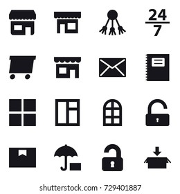 16 vector icon set : shop, share, 24/7, delivery, mail, copybook, window, arch window, unlock, unlocked, package