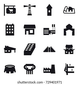 16 vector icon set : shop signboard, lighthouse, tower, project, building, shop, mall, minaret, house with garage, brick, pyramid, japanese house, stadium, antique column, factory