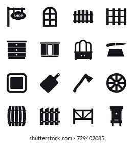 16 vector icon set : shop signboard, arch window, fence, chest of drawers, wardrobe, dresser, cutting board, axe, wheel, barrel, farm fence, hive